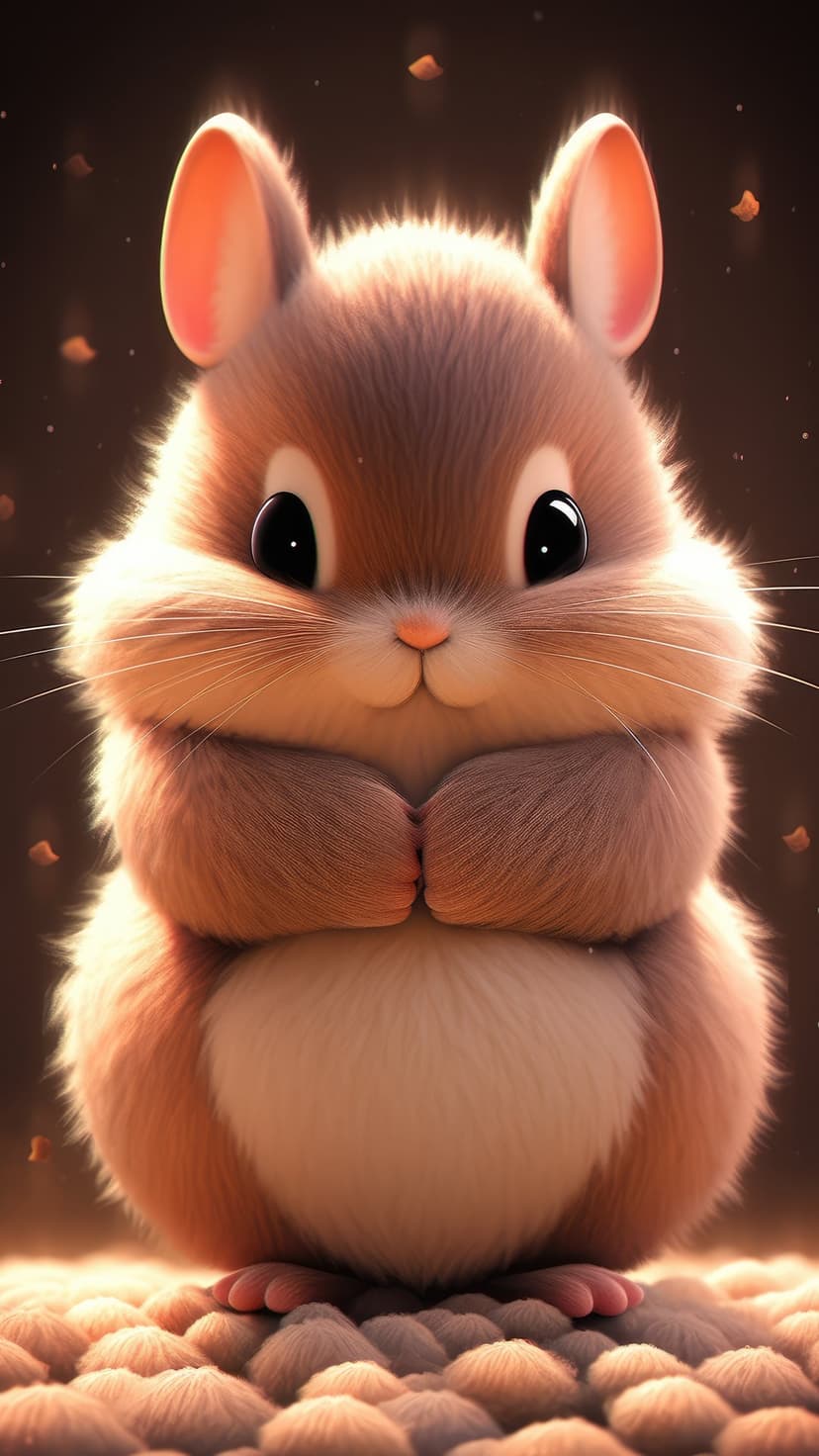 Hamster with large dark eyes and pink paws sits on textured pebbles against a warm, glowing bokeh background.