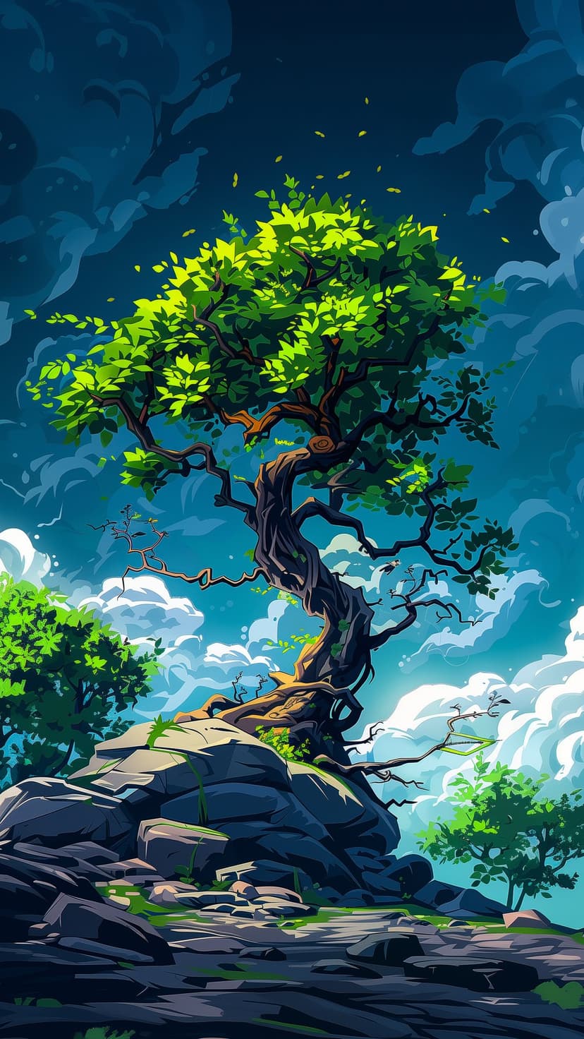 Gnarled tree with green leaves perched on a blue rock cliff under a dramatic sky with swirling white clouds.
