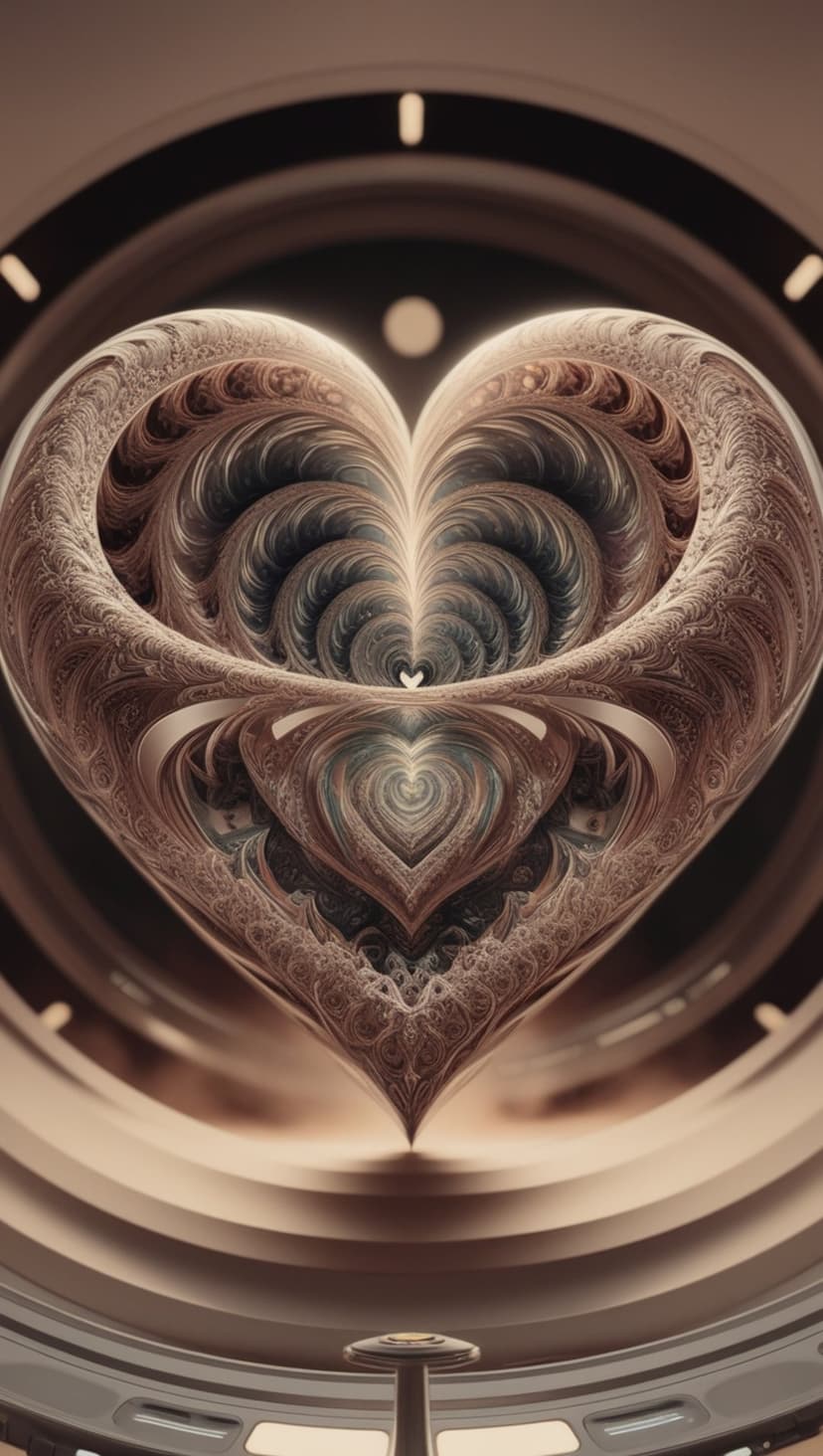 Metallic bronze heart with intricate fractal gears and ornate swirling textures on a dark background.