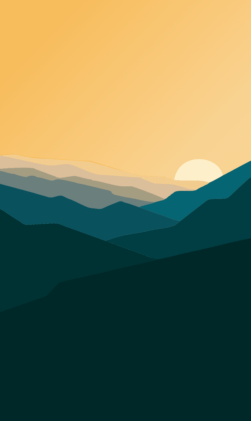 Teal mountain silhouettes layer beneath a glowing orange sun and a yellow gradient sky with subtle grain textures.