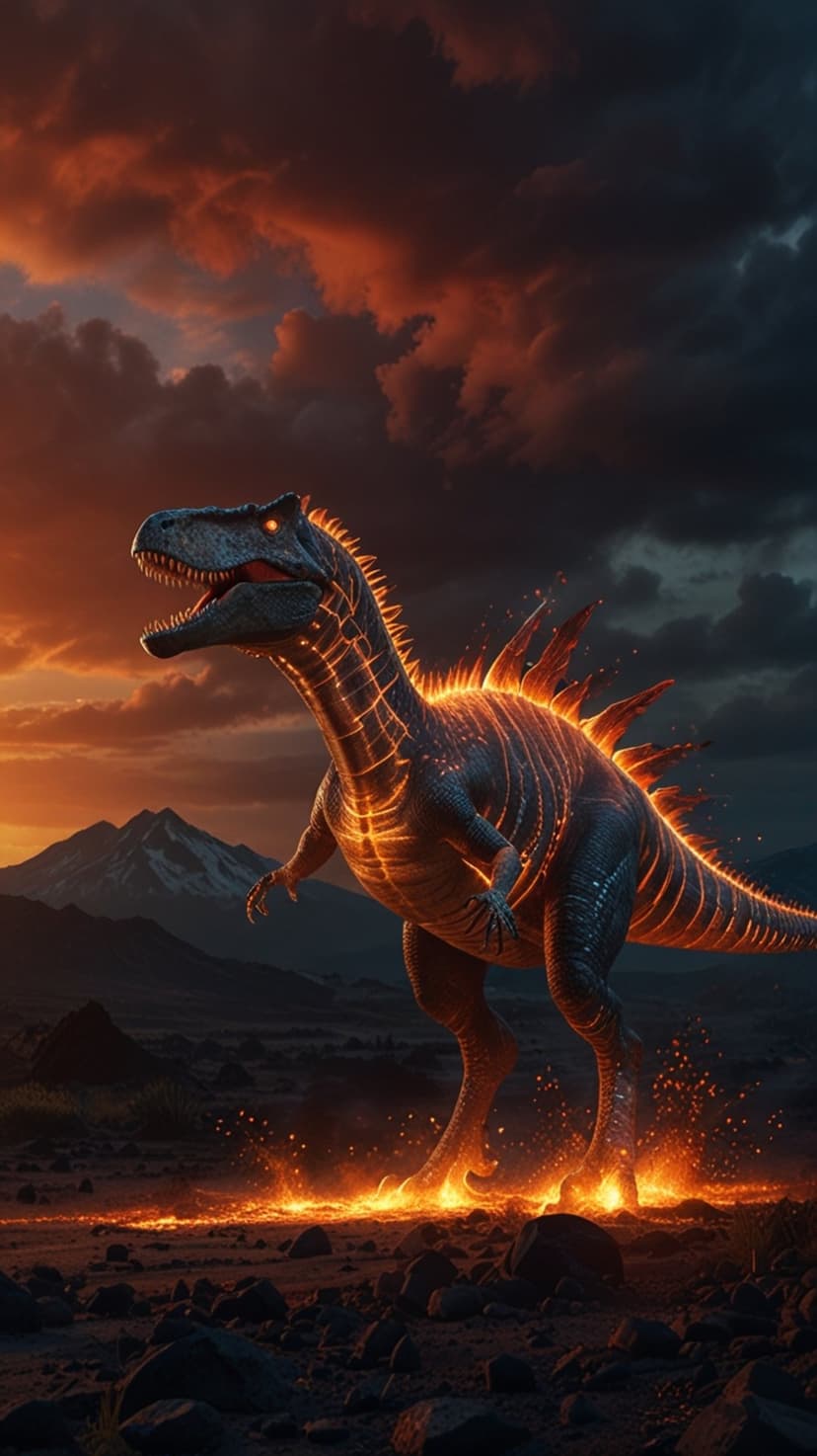 Tyrannosaur with glowing orange markings walks through a smoky volcanic landscape under a dark red sunset sky.