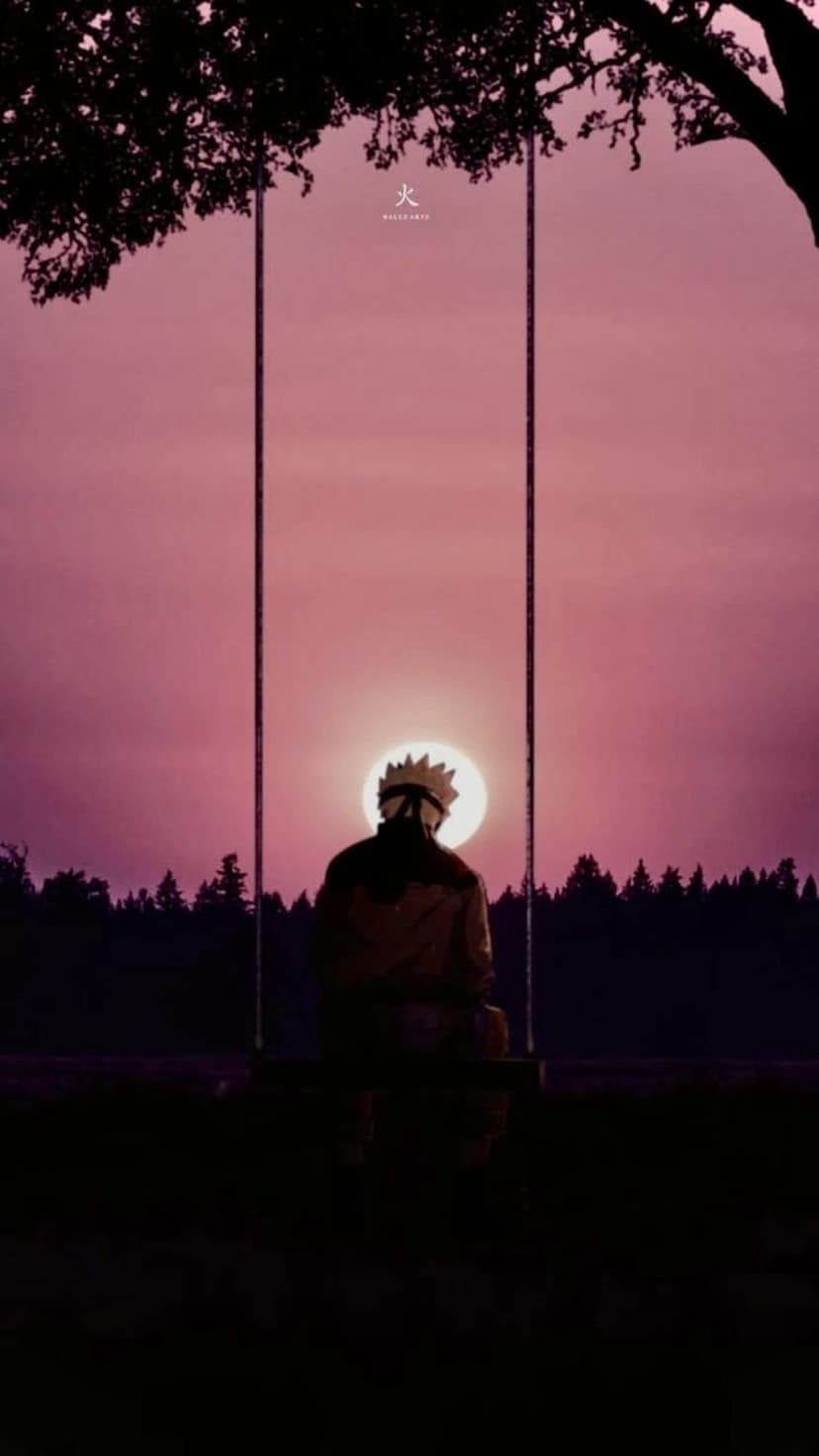 Naruto sits on a swing beneath a dark tree silhouette against a vibrant orange and pink sunset sky at dusk.