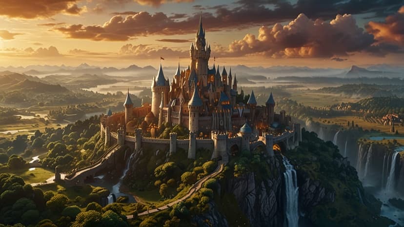 Gothic castle on a rocky cliff beside waterfalls during a pink sunset over a deep mountain valley landscape.