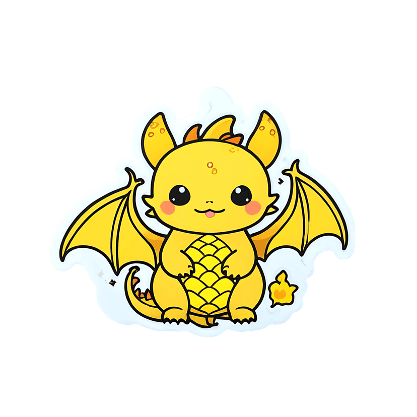 Yellow dragon sticker with orange wings and pink cheeks features a white die-cut border and belly scales.
