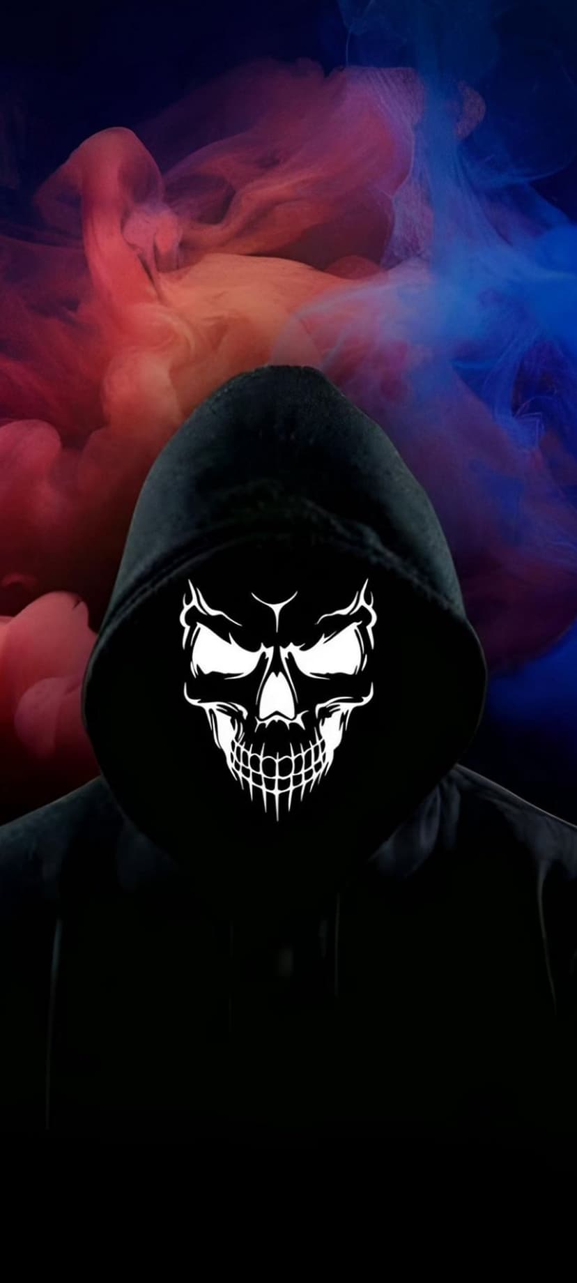 Hooded person with a skull face design surrounded by swirling clouds of red and blue smoke in a dark setting.