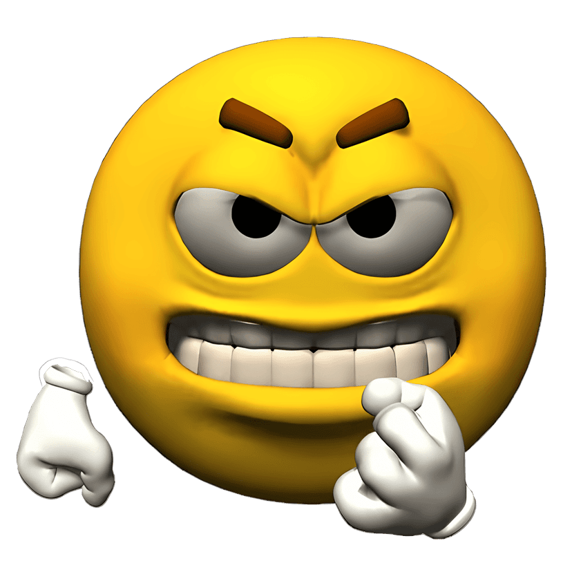 Fuming emoji with clenched fists features a 3D yellow gradient face, furrowed brows, and puffs of white steam.