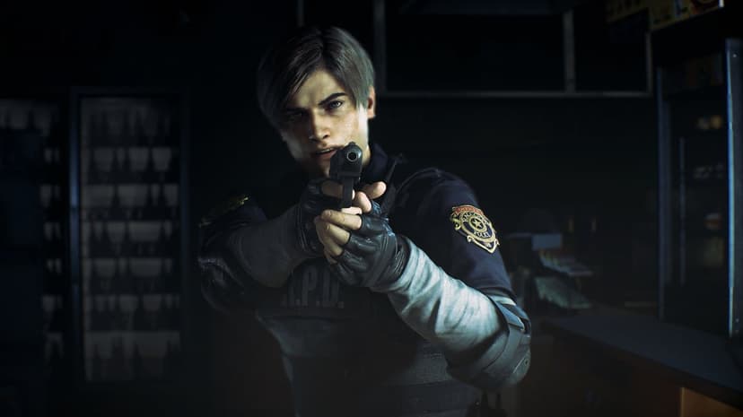 Leon S. Kennedy in R.P.D. uniform aiming a handgun in a dark, shadow-filled environment with cinematic lighting.