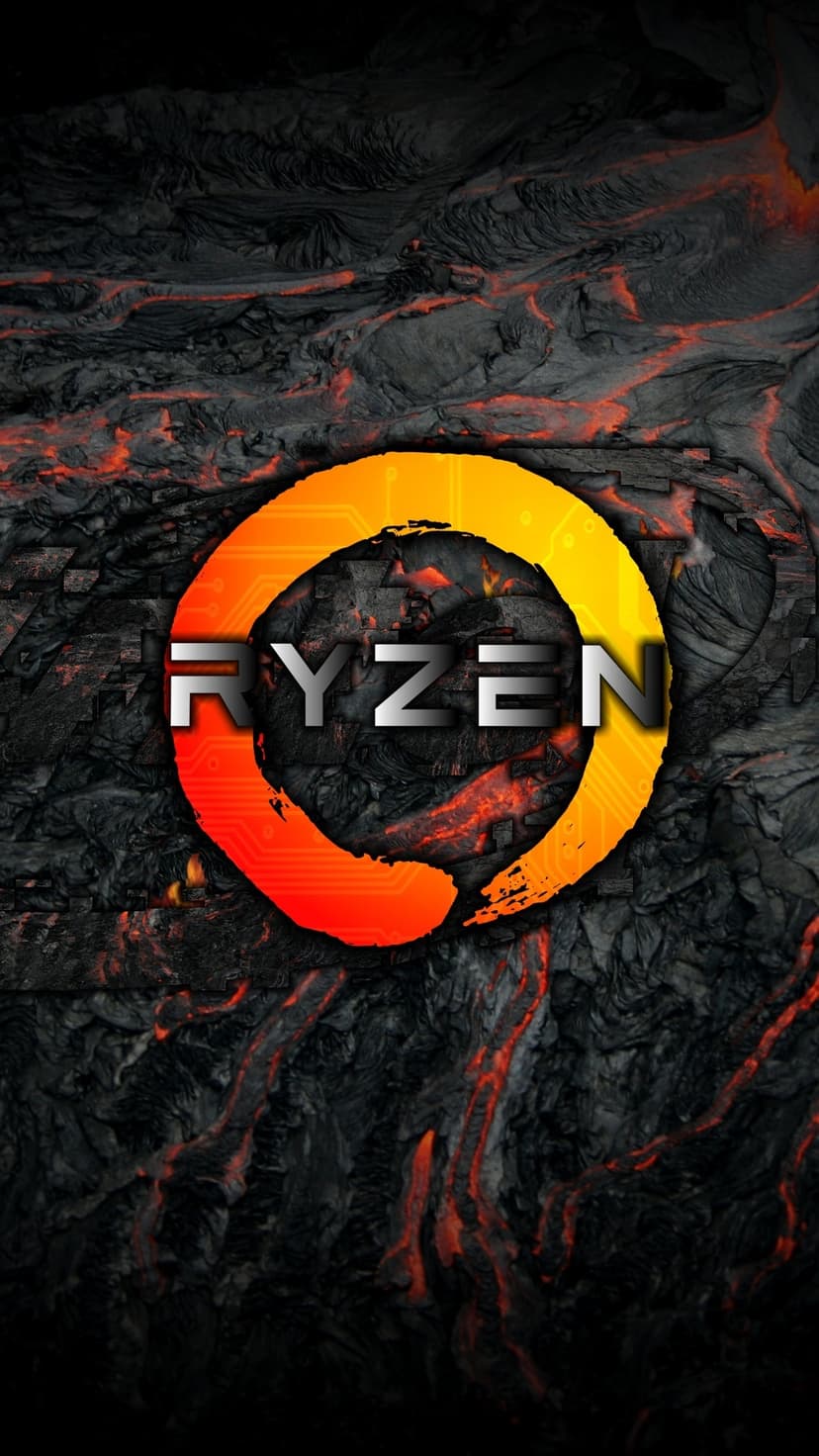 Ryzen logo emblem over a dark cracked rock surface with glowing orange lava veins and intense heat textures.