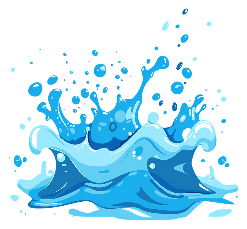 Blue water splash fluid motion with realistic droplets and transparent ripples against a clear background.