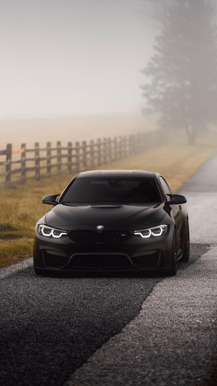 Black BMW M4 with glowing headlights parked on a foggy country road beside a wooden fence in early morning light.