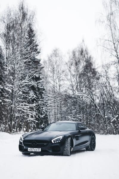 Black Mercedes AMG GT in snowy forest