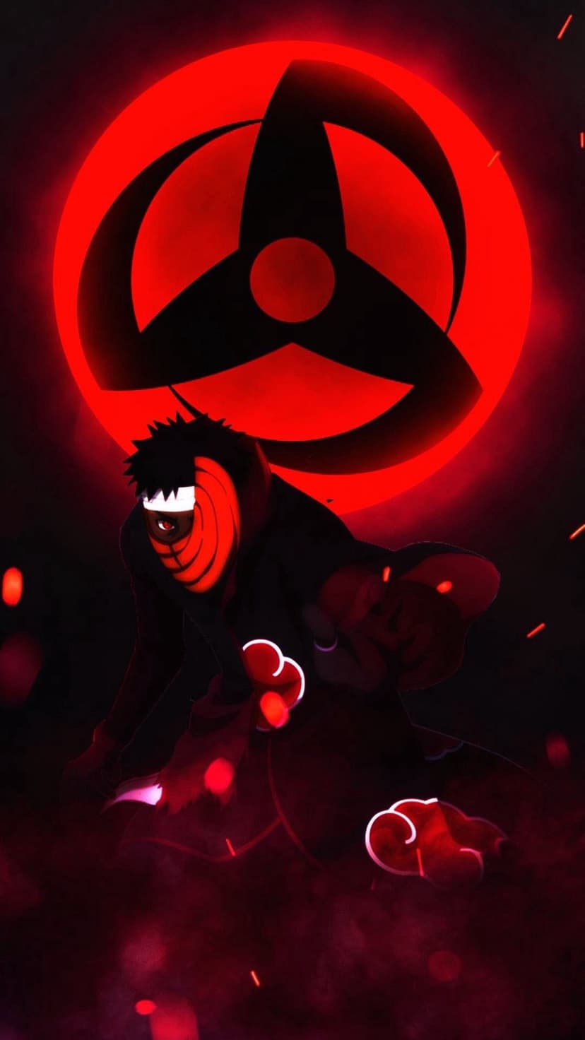 Tobi wearing a spiral mask and Akatsuki cloak with a glowing red Sharingan eye against a dark crimson background.