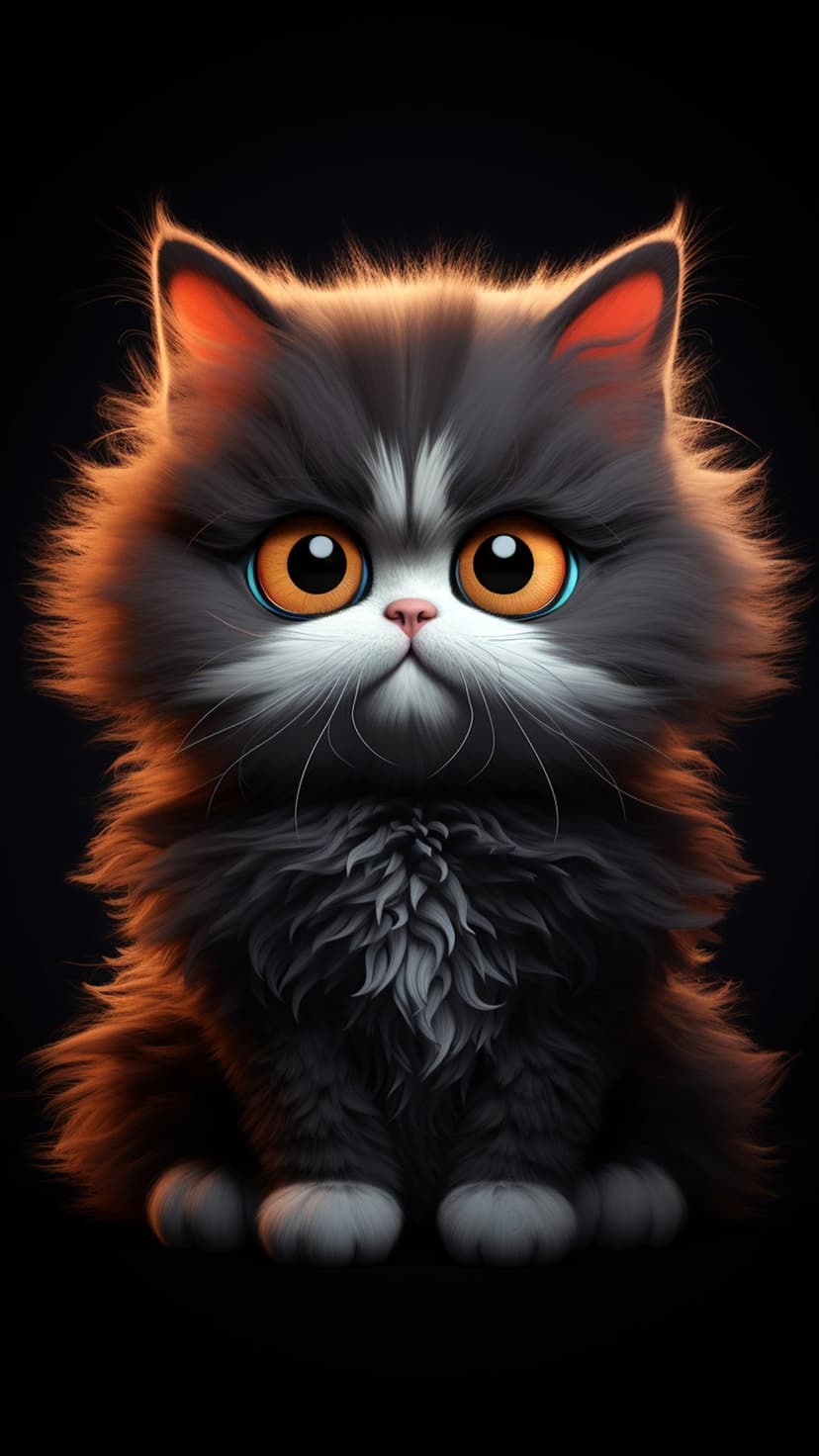 Fluffy black and white kitten with enormous orange eyes and glowing fur sits against a solid dark backdrop.