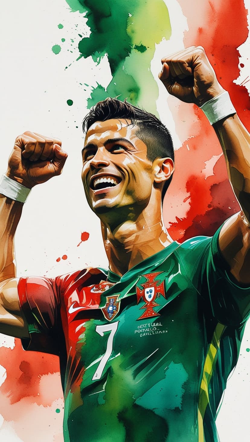 Cristiano Ronaldo raises both fists in a victory pose wearing a red and green Portugal jersey with number 7.