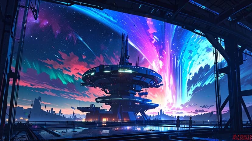 Two silhouetted figures overlook a neon-lit alien city under a glowing green and purple aurora borealis sky.