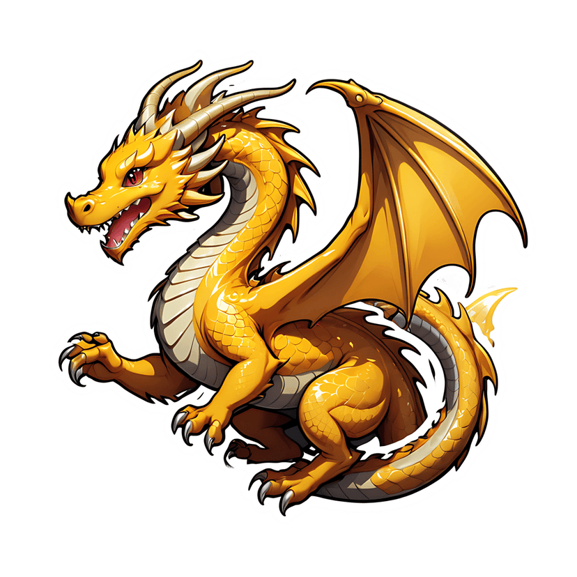 Golden dragon sticker with glossy scales and red eyes in a side profile view featuring a white die-cut border.