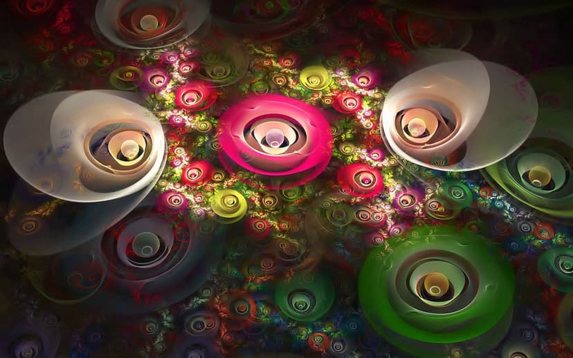 Pink and green fractal flowers with eye-like centers bloom amidst intricate, swirling geometric patterns.