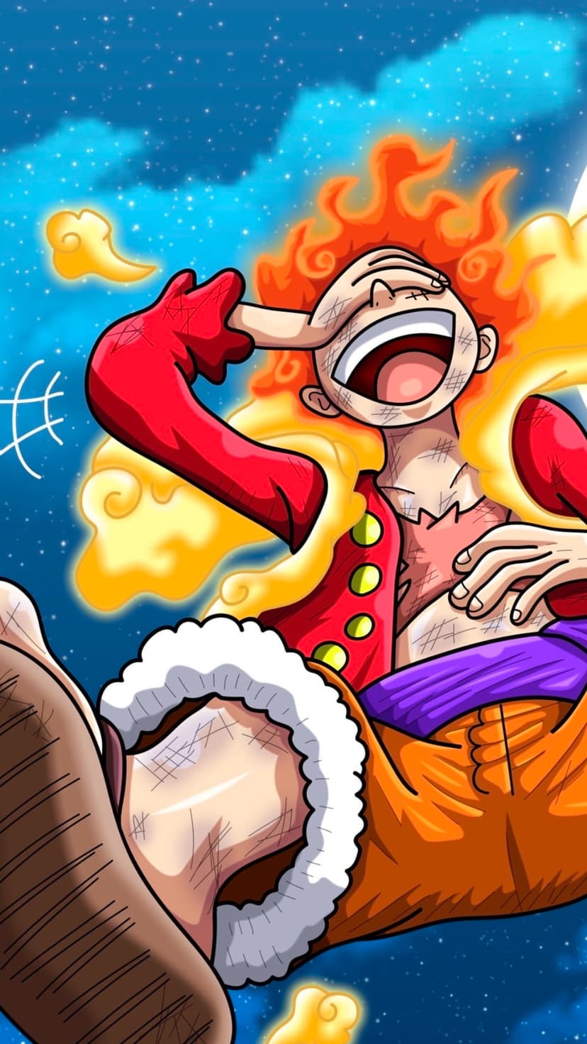 Monkey D. Luffy in Gear 5 form with orange hair and a red top grins against a starry blue sky and yellow clouds.
