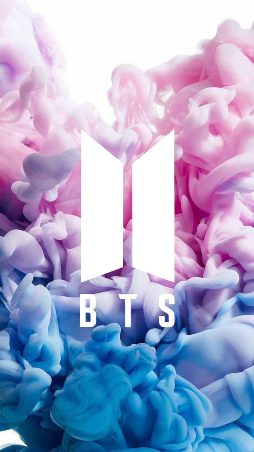 BTS logo centered over flowing pink and blue ink clouds in a vertical abstract graphic composition for phones.
