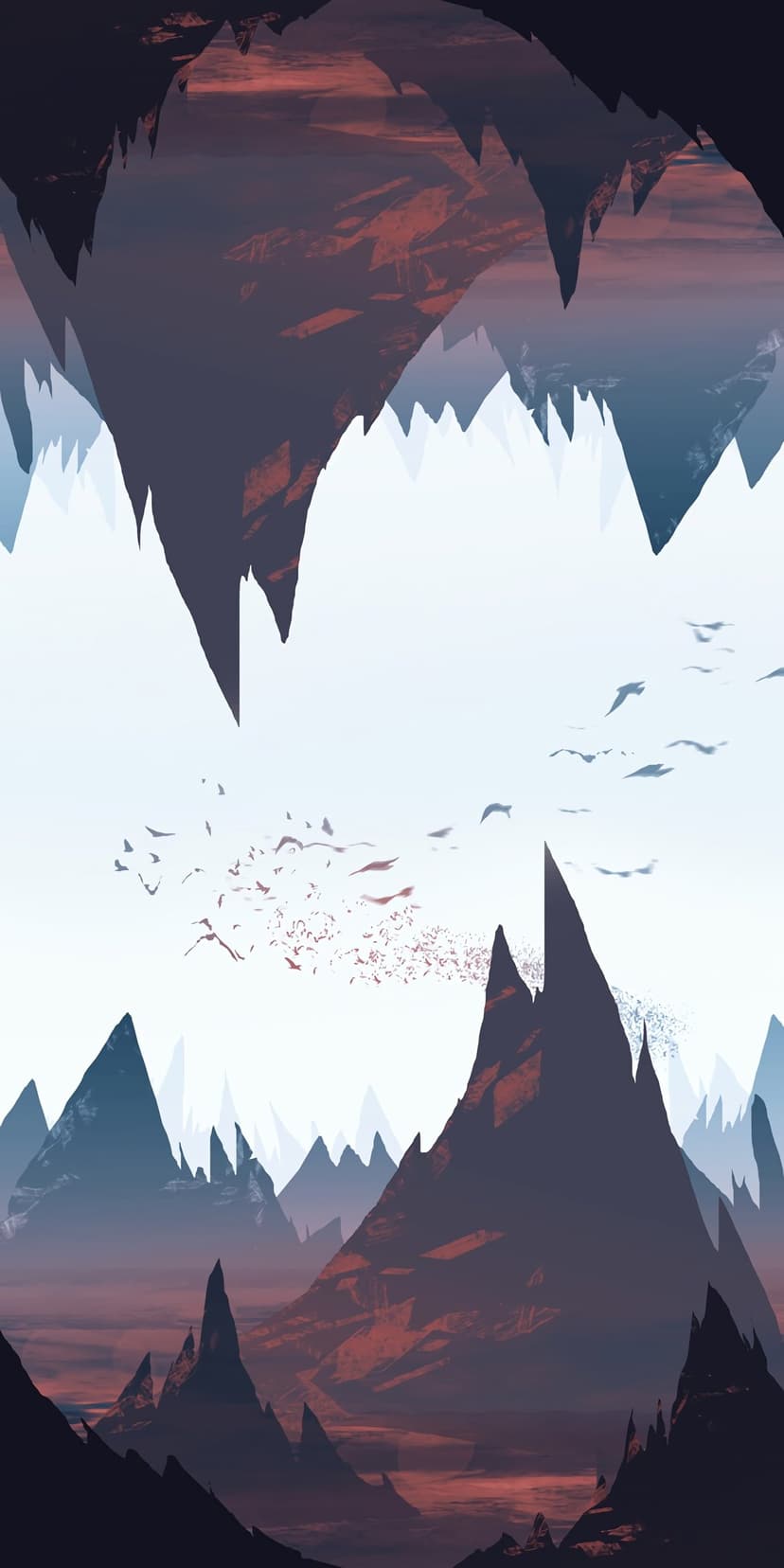 Jagged dark mountain peaks stand against a blue and purple dawn sky as a flock of birds flies through the mist.
