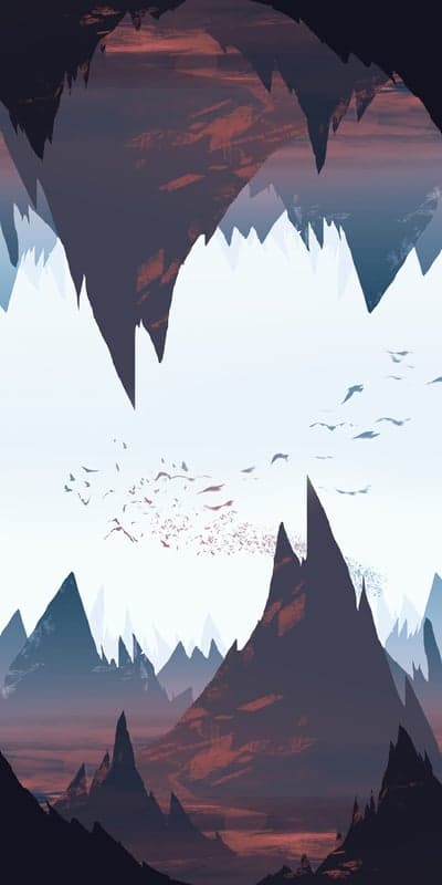 Surreal Mountain Landscape with Birds Flying at Dawn