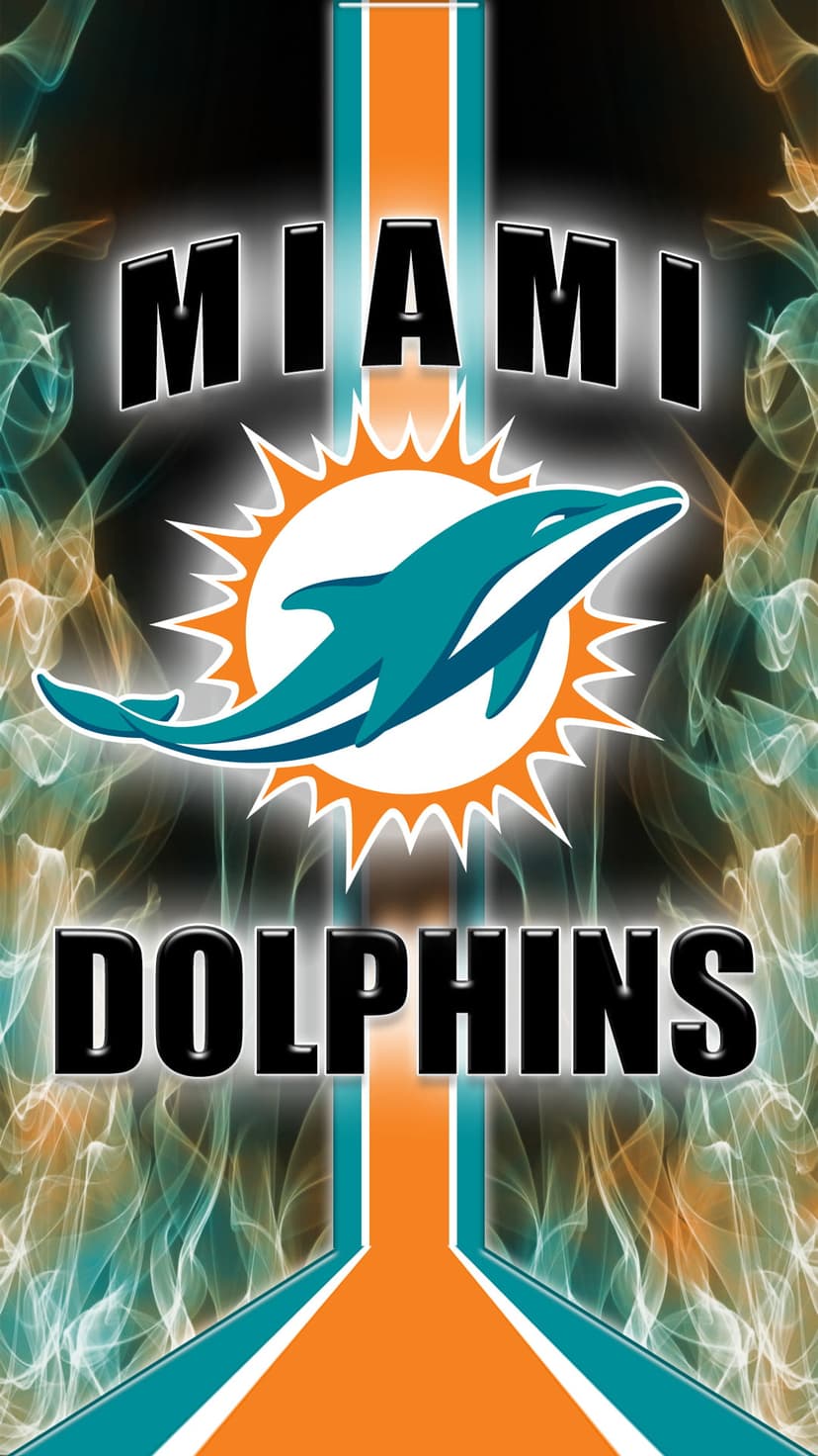 Miami Dolphins logo leaping through a flaming orange sun against a smoky teal and aqua gradient background.