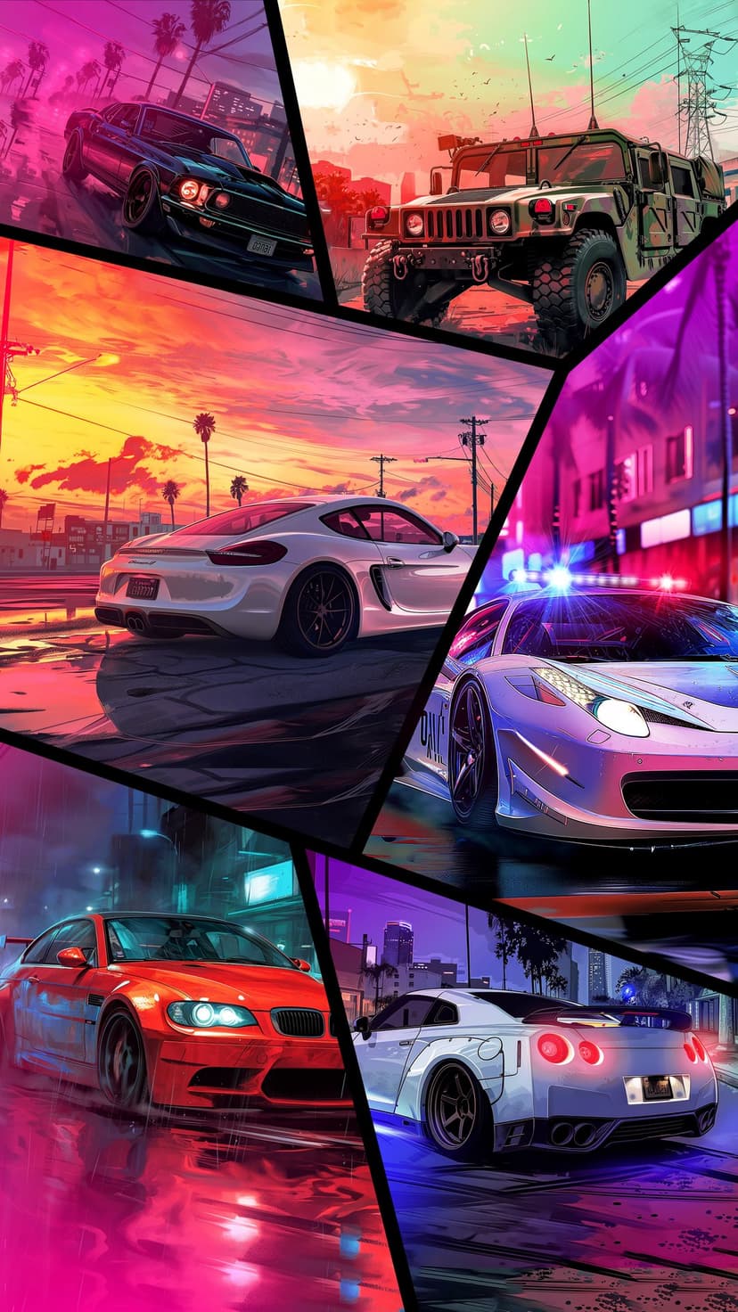 Muscle cars and exotic sports vehicles layered over a glowing cityscape at dusk for a mobile home screen.
