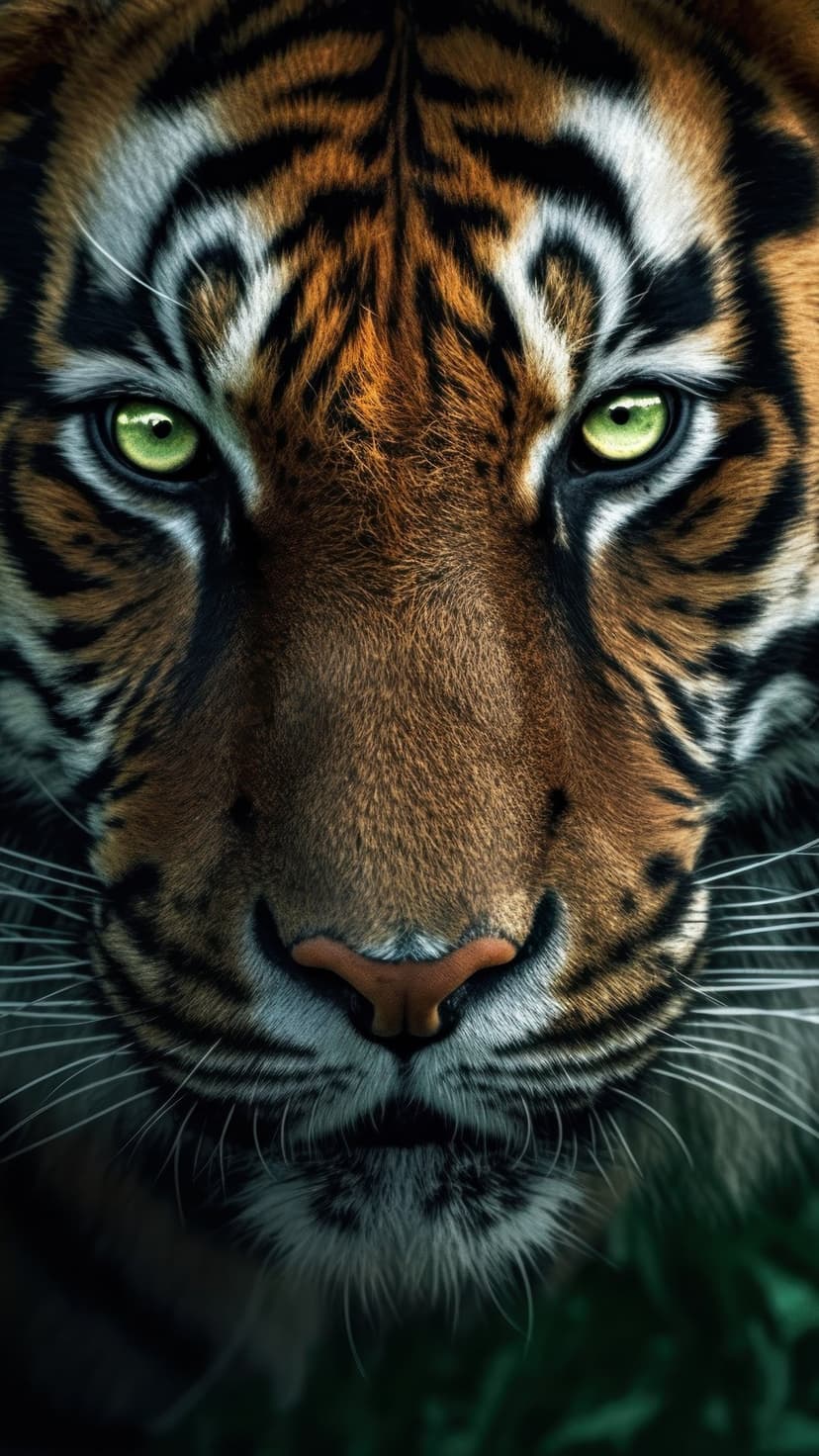 Tiger face with vibrant green eyes and orange fur stares forward against a dark, shadowy background.