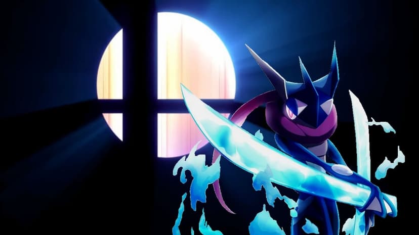 Greninja holding two glowing cyan water swords in front of a radiant circular cross symbol on a dark background.