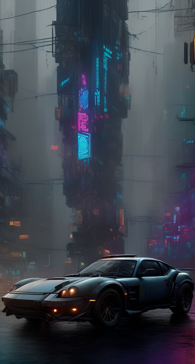 Futuristic car parked on a wet street surrounded by glowing neon skyscrapers and vibrant city reflections.