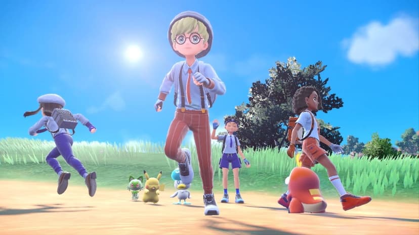 Four Pokemon trainers and their starter companions run through a sunny grassy field under a bright blue sky.