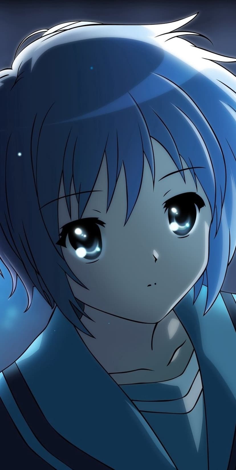 Blue-haired girl with large reflective eyes wears a navy uniform against a dark background with glowing particles.