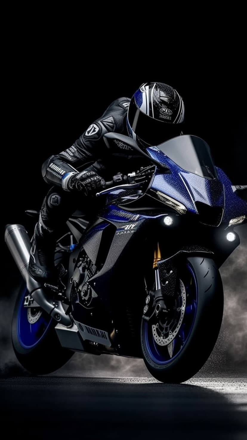 Yamaha R1 rider in black leathers leans forward on a blue motorcycle with glowing headlights in a smoky studio.