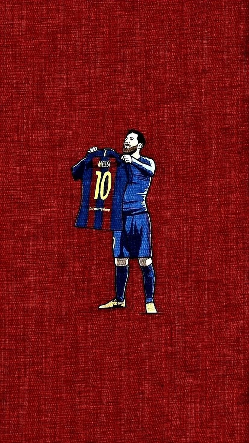 Lionel Messi holds a Barcelona number 10 jersey while wearing a blue training kit against a textured red background.