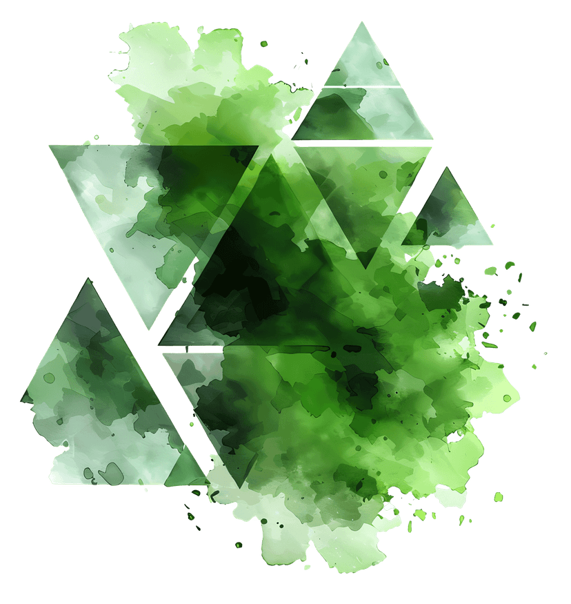 Green watercolor abstract triangles featuring layered geometric shapes and soft pigment washes on a transparent background.