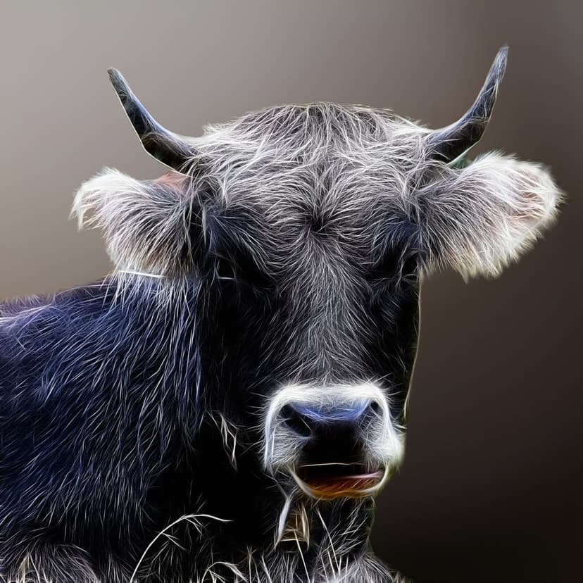 Highland cow with shaggy fur and long horns outlined in glowing electric light against a dark background.