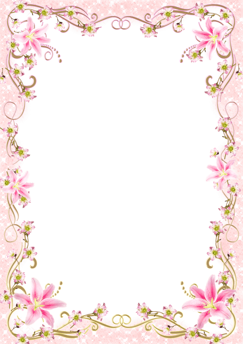 Pink watercolor blossoms encircle thin gold geometric lines on a transparent background for digital overlays.
