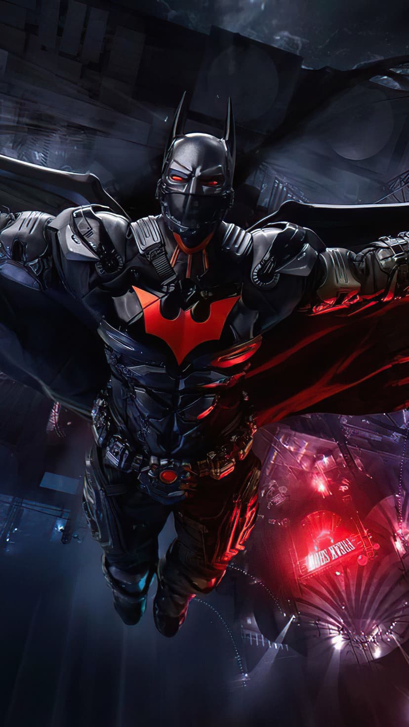 Batman wears armored plates with a glowing red emblem while flying over a dark, rainy futuristic city skyline.