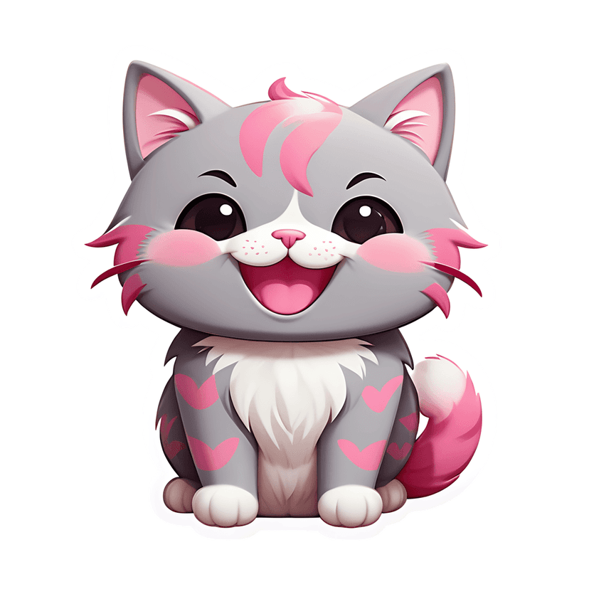 Gray kitten sticker with pink heart patterns and fluffy white chest fur rendered in a glossy 3D art style.