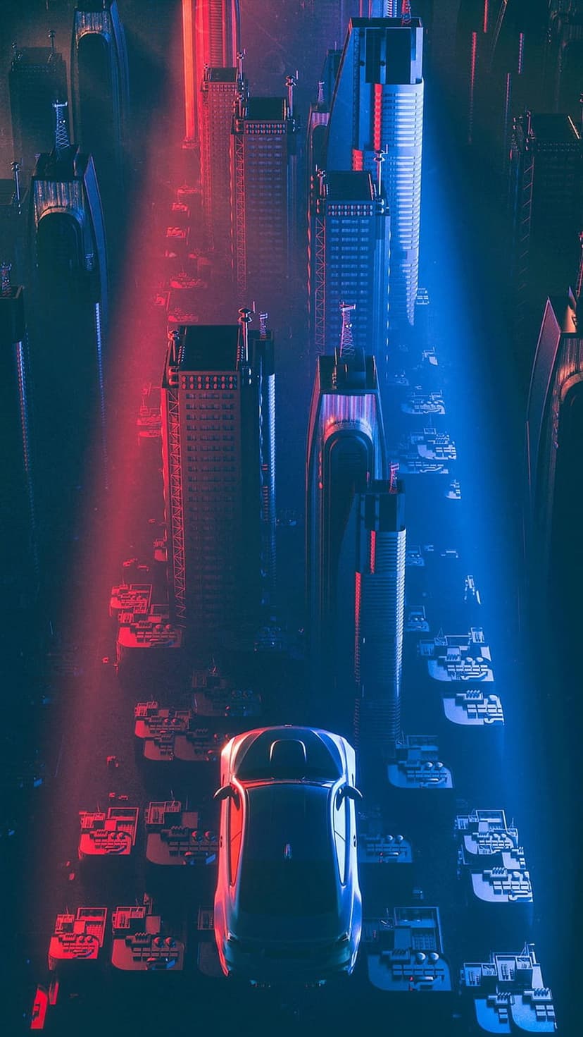 Futuristic car drives on a glowing red road between blue neon skyscrapers in a dense cyberpunk metropolis.