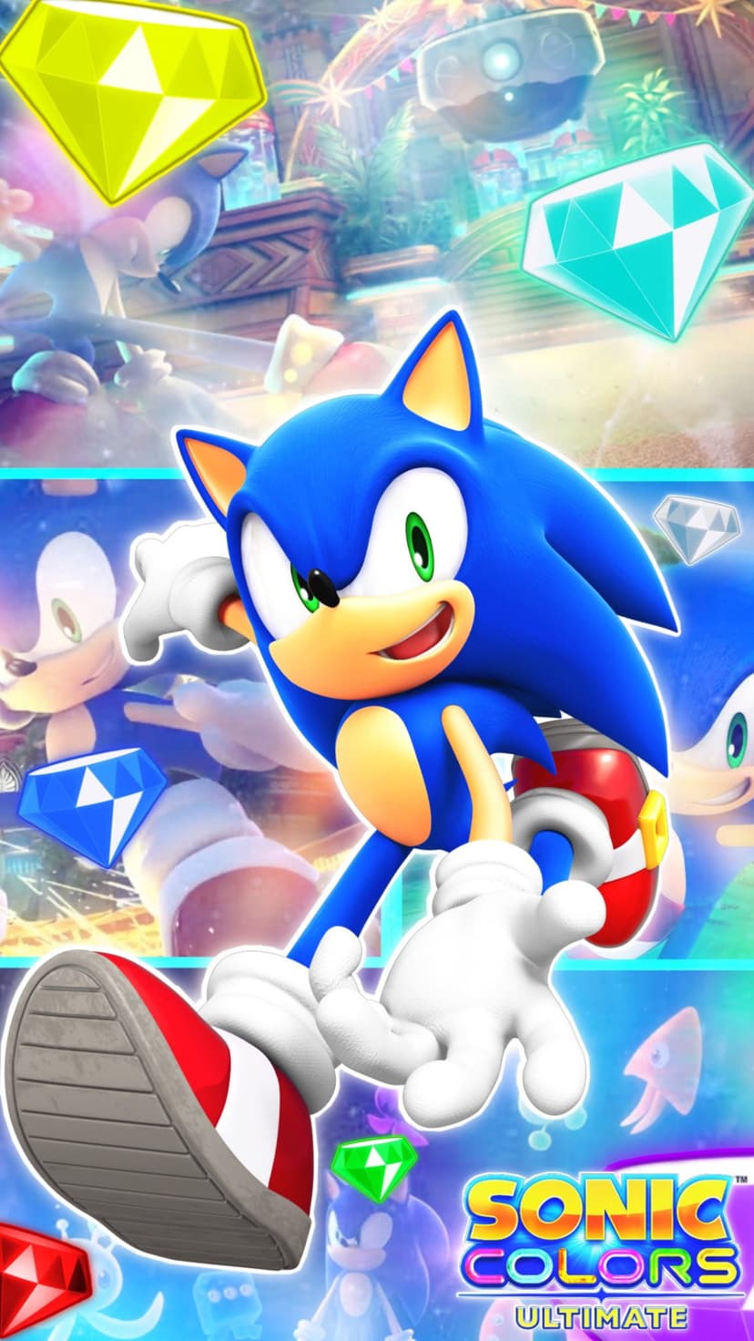 Sonic the Hedgehog runs amidst floating, glowing Chaos Emeralds against a vibrant, neon-colored background.