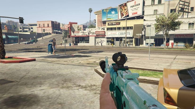 Teal patterned assault rifle held in first-person view overlooking a bright city street with billboards.