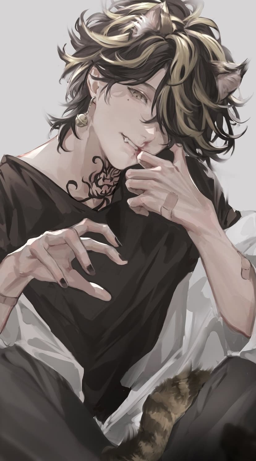 Cat-eared young man with black and blonde hair, a neck tattoo, and a small drop of blood on his lower lip.