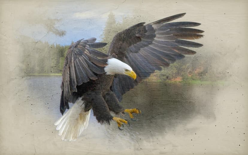 Bald eagle with outstretched wings glides low over a calm lake with a soft, painterly forest in the background.