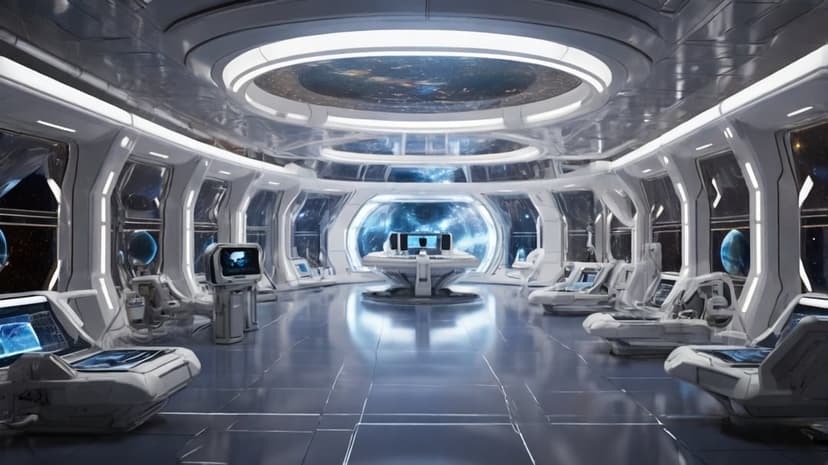 Circular starship viewport overlooks Earth from a high-tech bridge filled with glowing control interfaces.