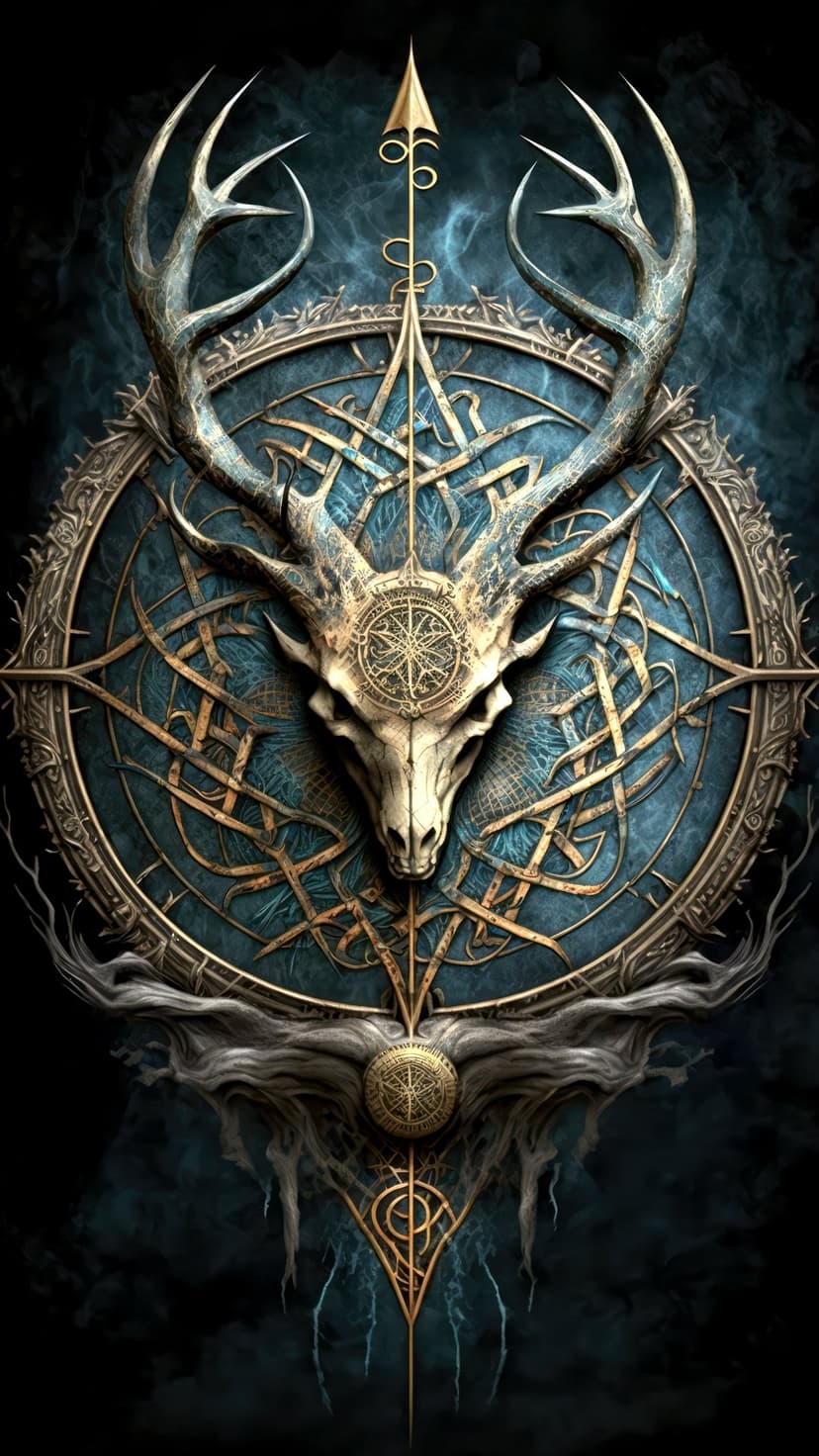 Stag skull with large antlers over a golden celestial compass rose and Celtic knotwork on a teal background.