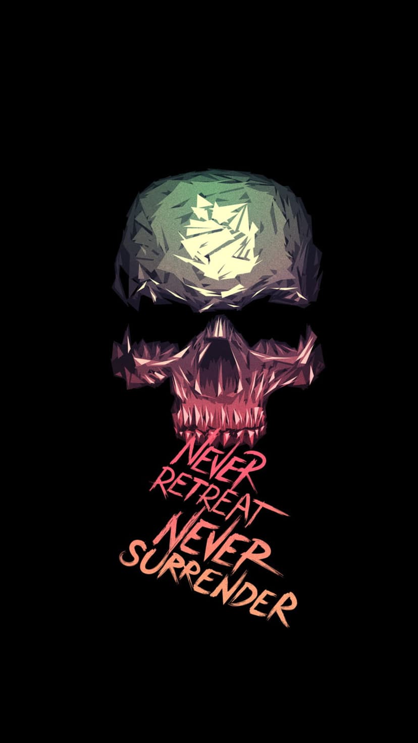 Geometric low-poly skull in green and pink with never retreat text over a solid black vertical background.