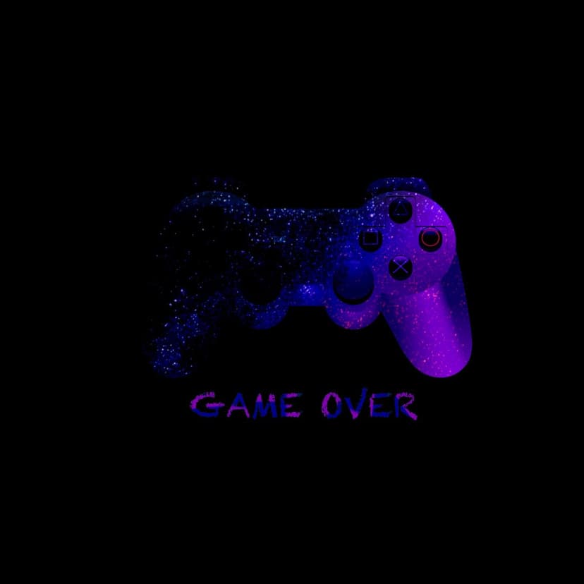 Gaming controller dissolving into a purple galaxy above neon Game Over text against a black background.