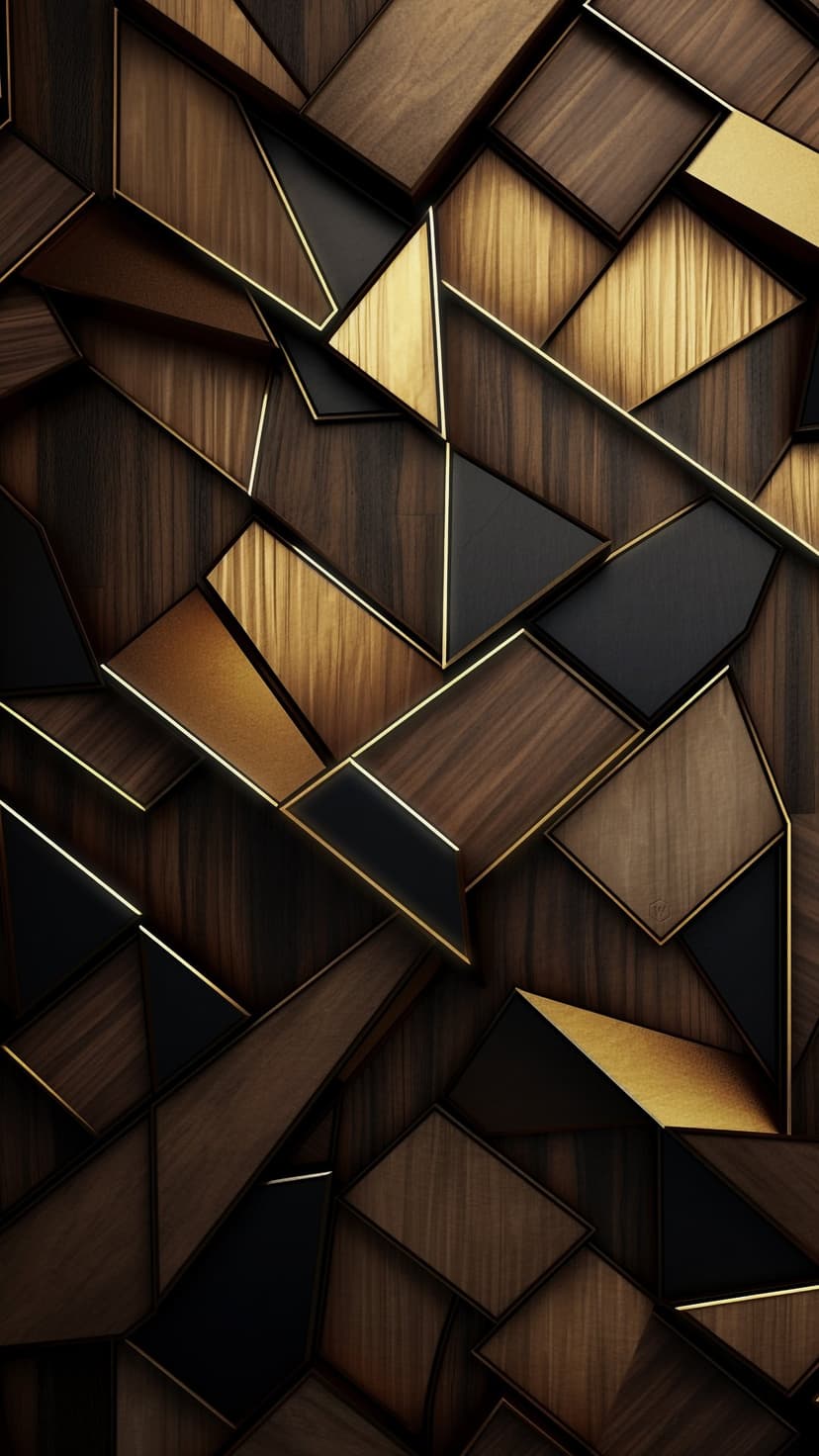 Interlocking triangular wood panels in gold and dark ebony create a textured geometric 3D pattern for a screen.