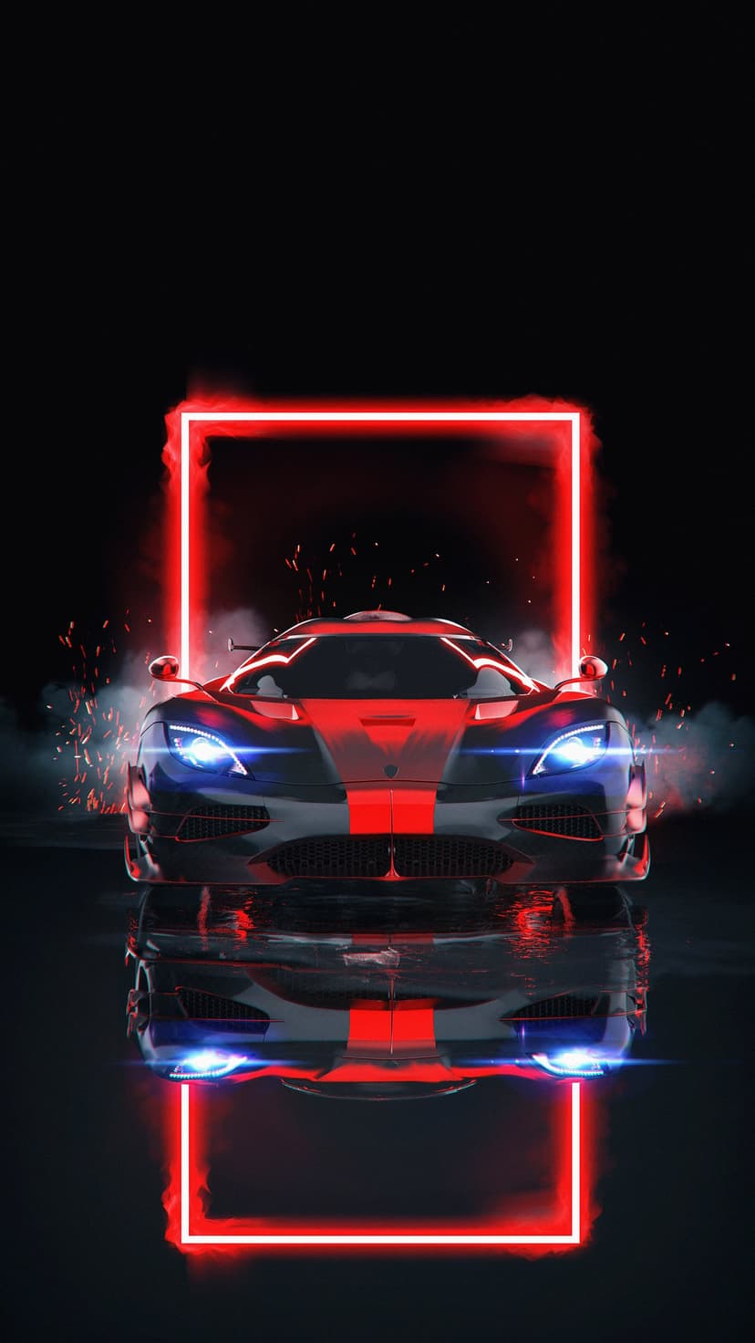 Red and blue supercar centered in a glowing neon rectangle with sparks and smoke on a wet dark asphalt surface.